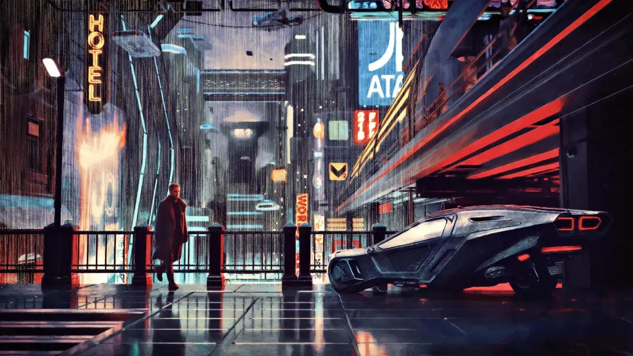Un uomo cammina sotto la pioggia in una città futuristica, con un'auto volante e insegne al neon. La scena evoca la trama di Blade Runner 2049.