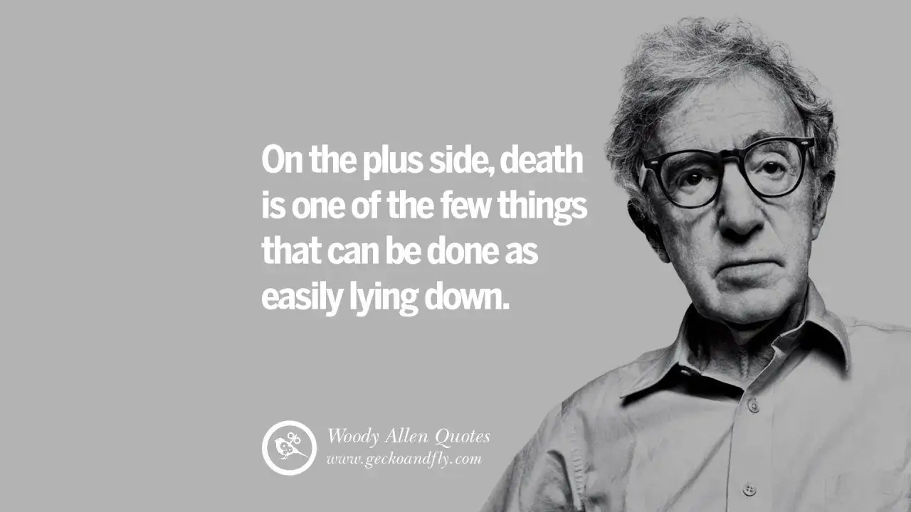 Ritratto di Woody Allen con una sua frase ironica sulla morte. Le sue woody allen frasi sono sempre uniche.