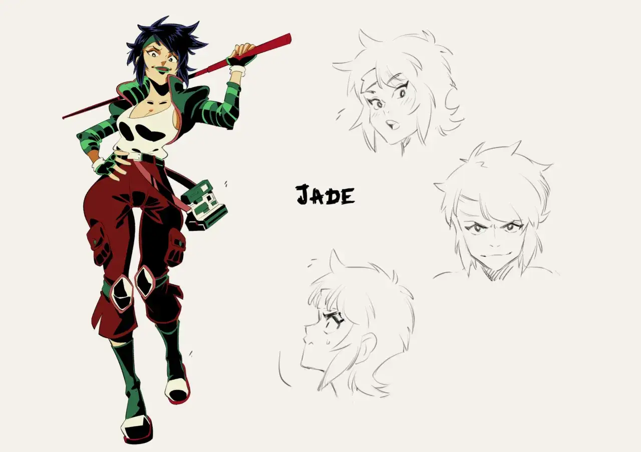 Jade, ispirata a Captain Laserhawk, con un bastone rosso e una maglietta con teschio. Schizzi di espressioni facciali sul lato.