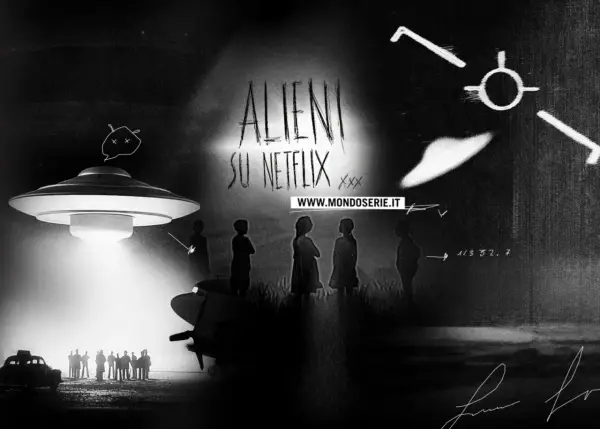 Alieni su Netflix: un'astronave proietta un fascio di luce su un gruppo di persone. La serie "i morti non muoiono" esplora il mistero.